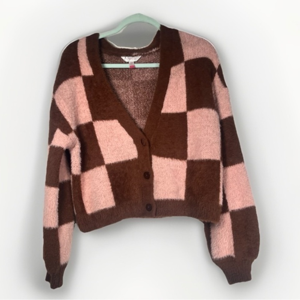 Fuzzy Pink And Brown Checker Cropped Cardigan Sweater Large